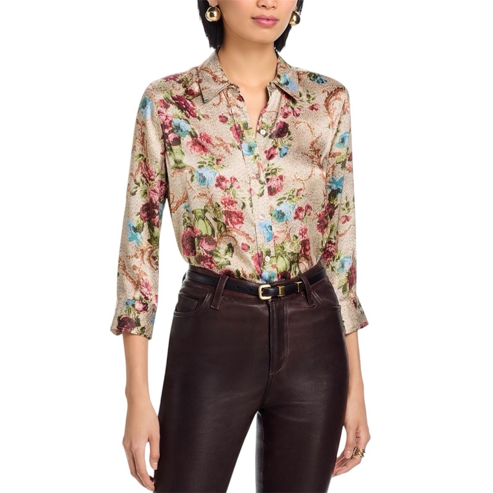 L'AGENCE Dani 100% Silk Floral Tapestry Button Front Blouse Multi Luxury. Sz L